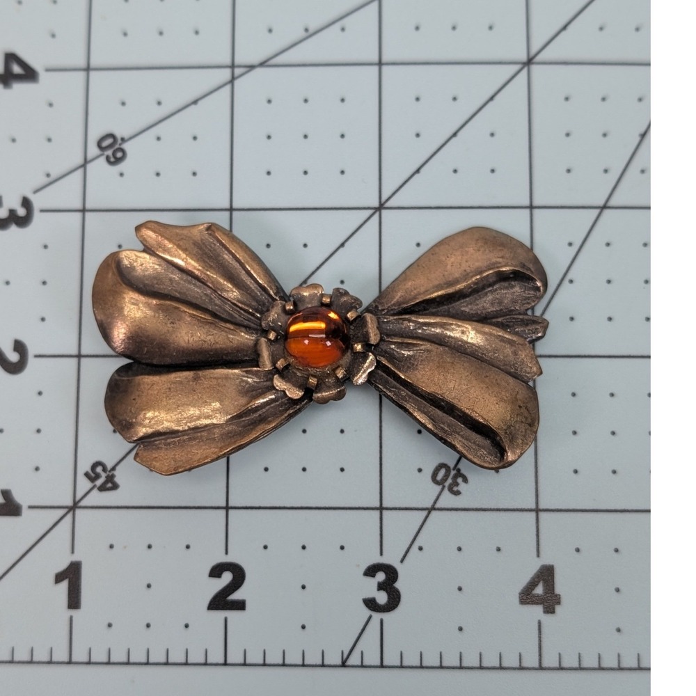 Vintage Copper Tone Bow Brooch Amber Cabochon Stone Sculptural Pin 2.5 Inch